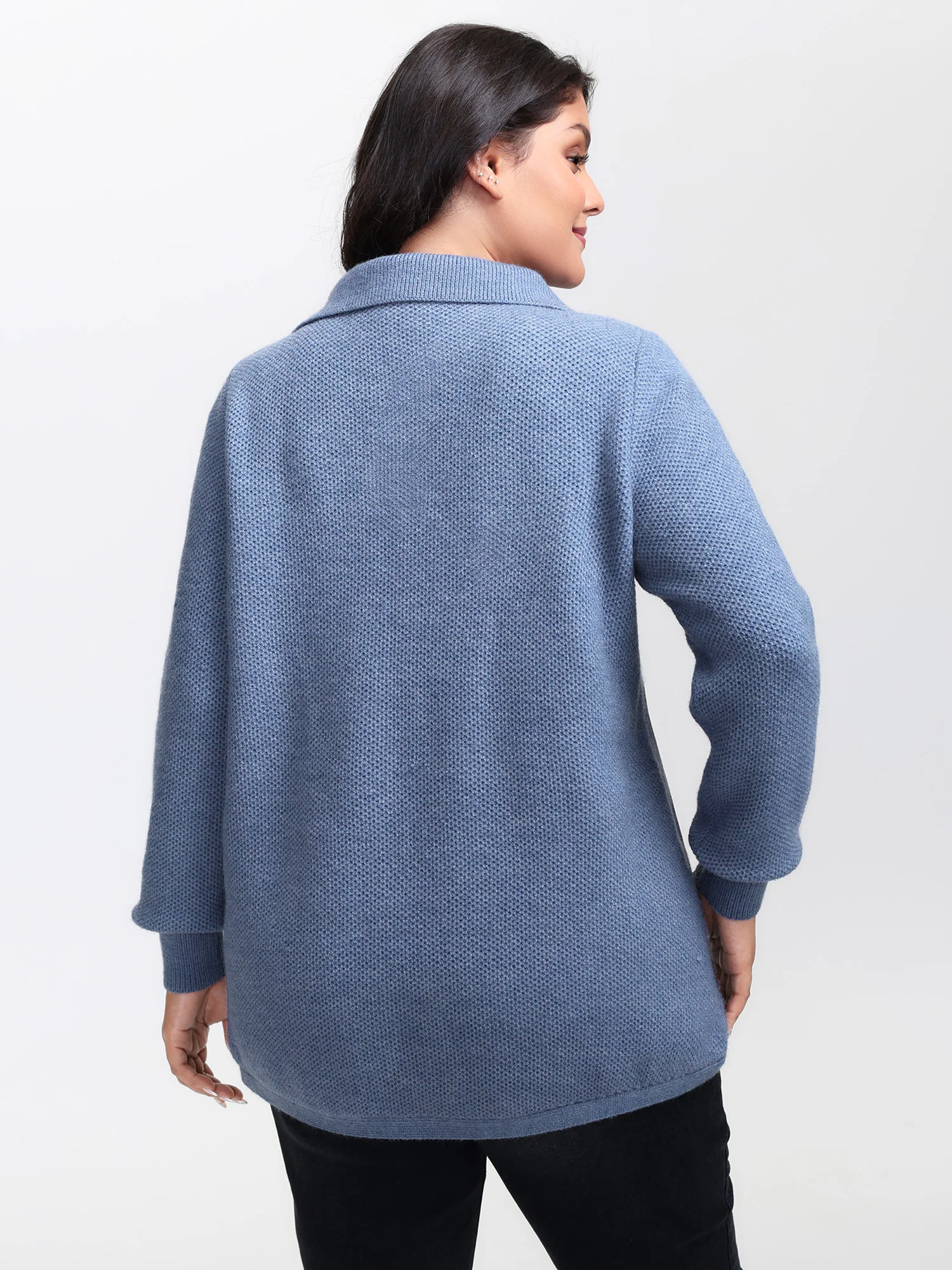 Polo Collar Side Buttons Curvy Pullover - Image 4