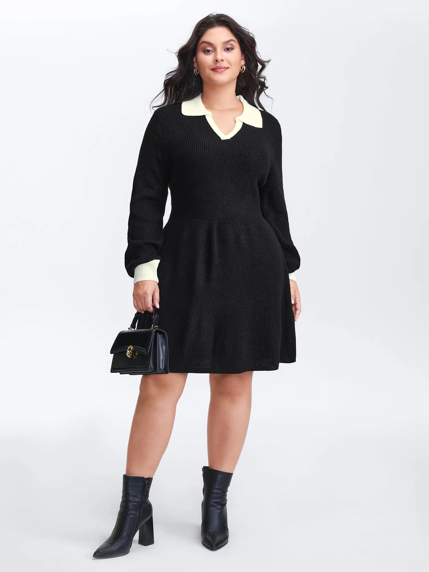 Polo Collar Textured Waist Defining Knit Dress - Image 3