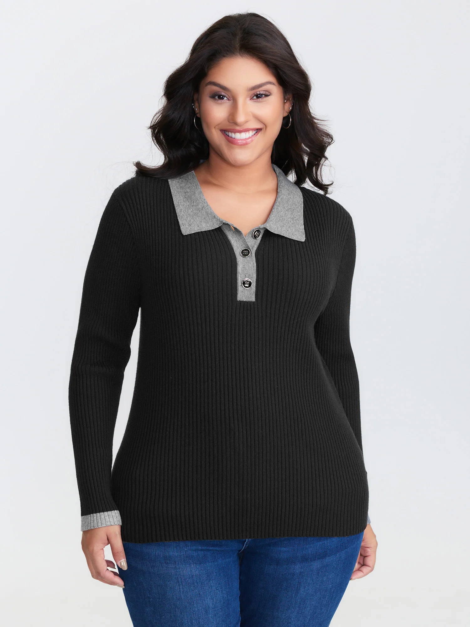 Polo Neck Contrast Metal Buttons Pullover - Image 2