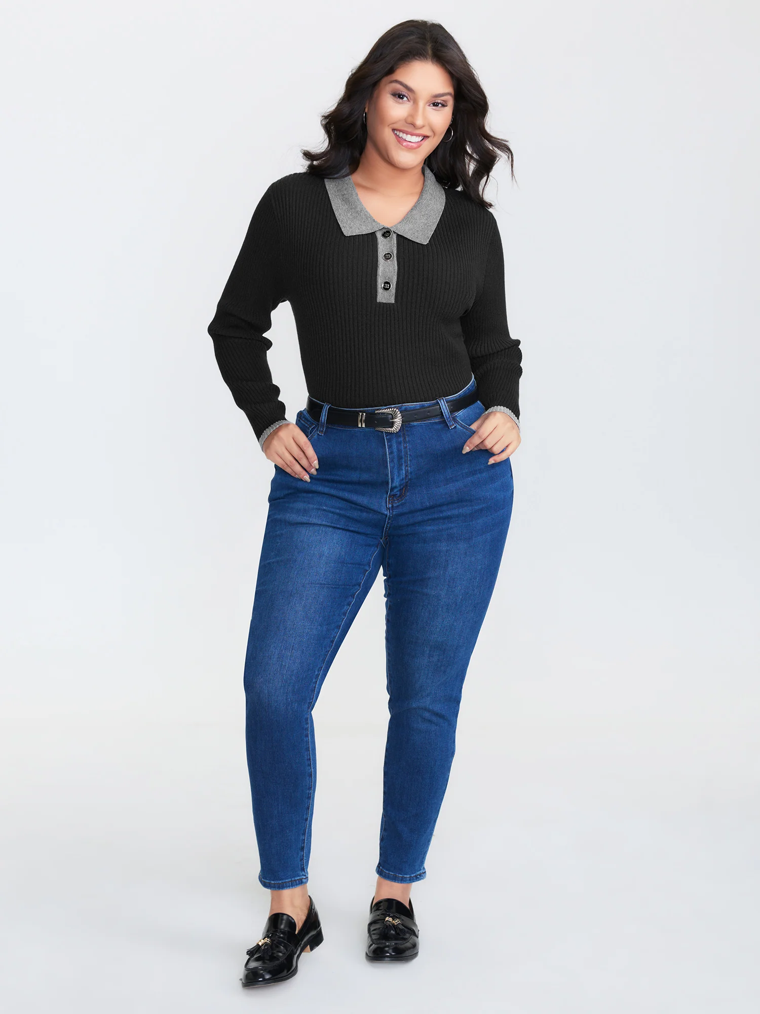 Polo Neck Contrast Metal Buttons Pullover - Image 3