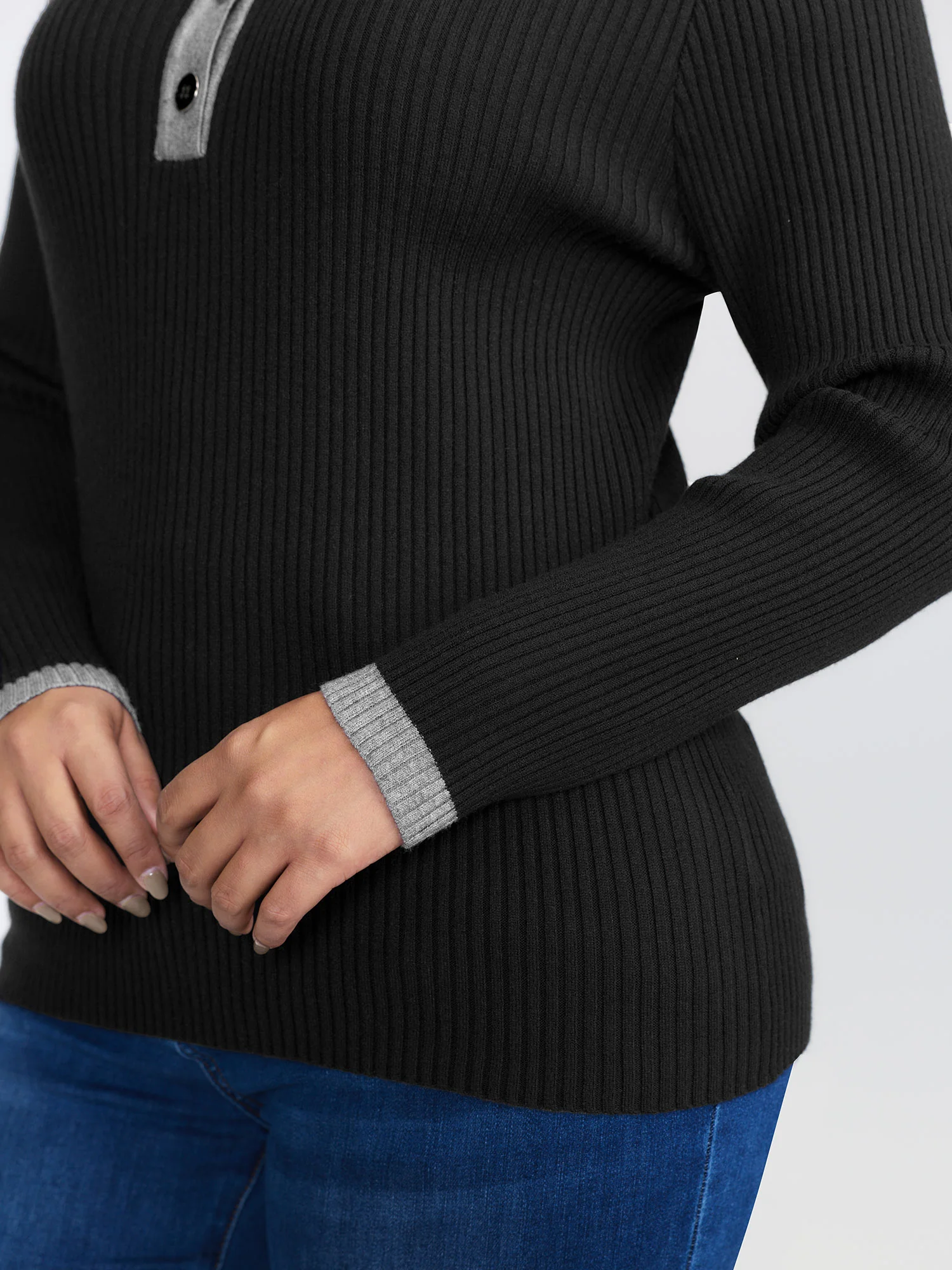 Polo Neck Contrast Metal Buttons Pullover - Image 4