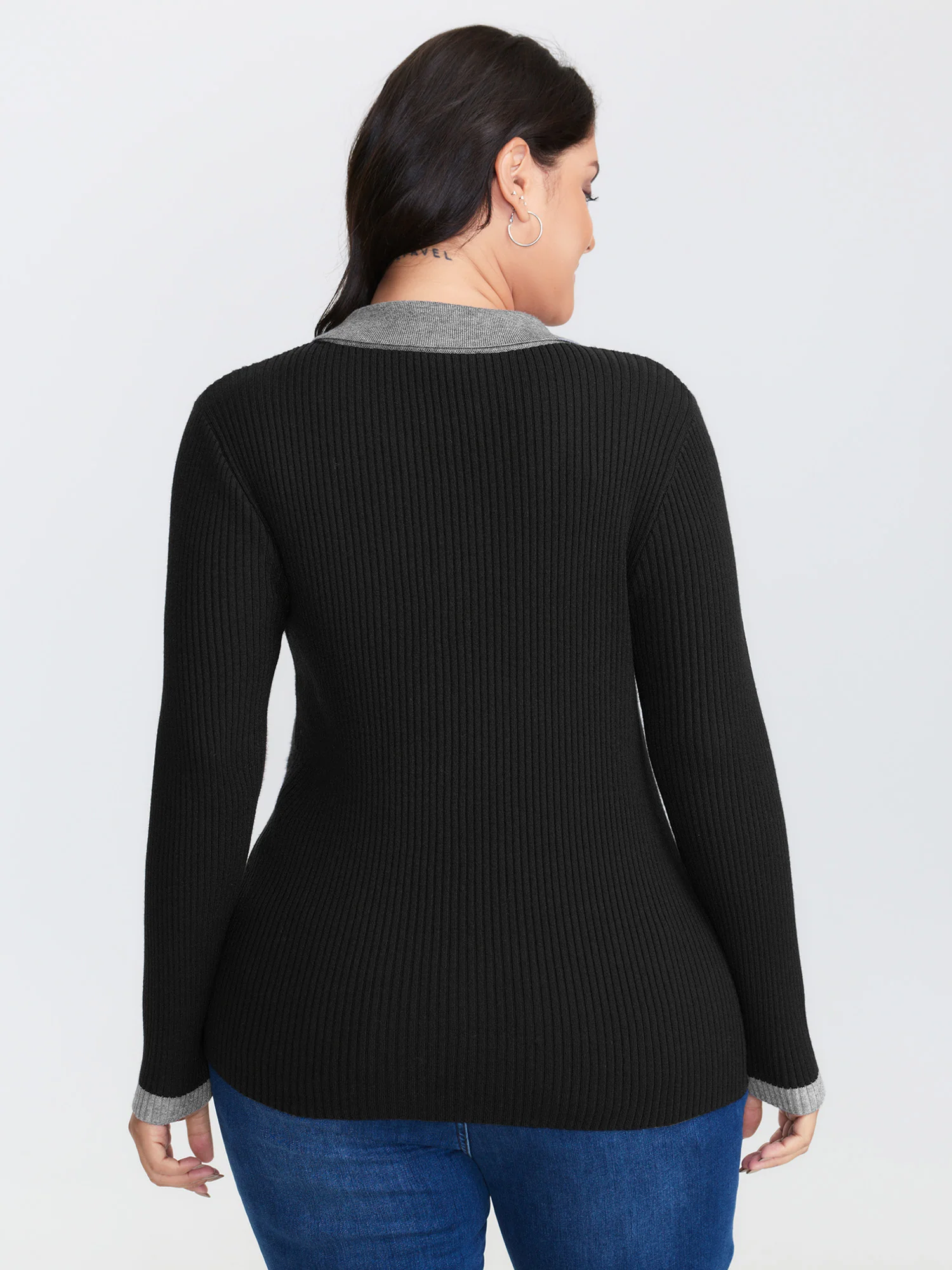 Polo Neck Contrast Metal Buttons Pullover - Image 6