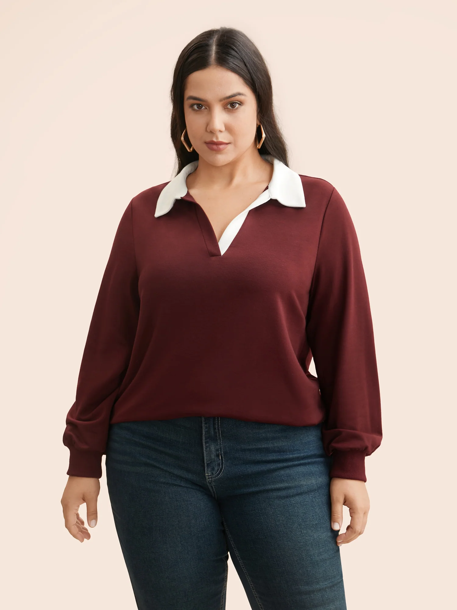 Polo Neck Contrast Patchwork Sweatshirt - Image 2