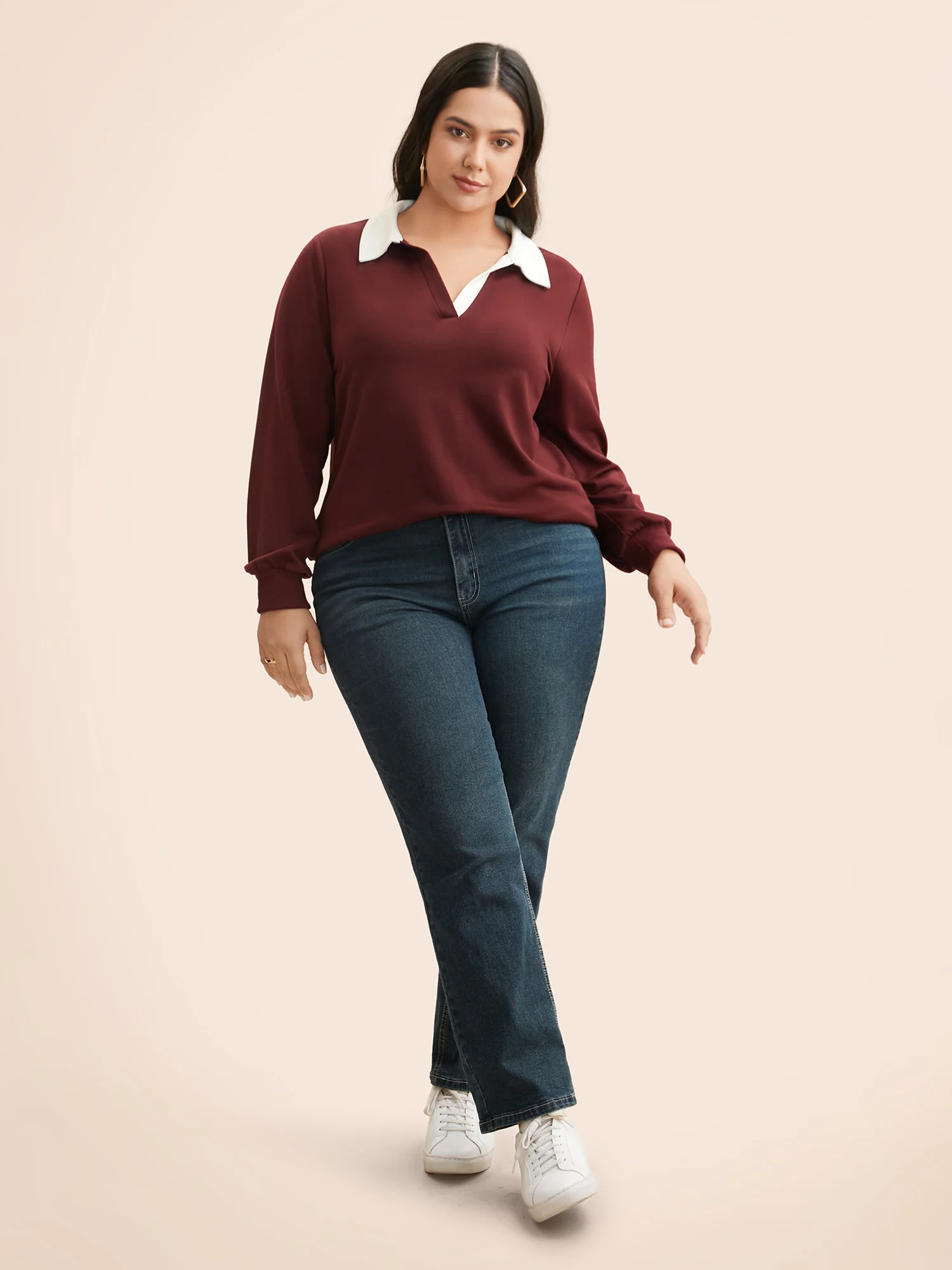 Polo Neck Contrast Patchwork Sweatshirt - Image 4