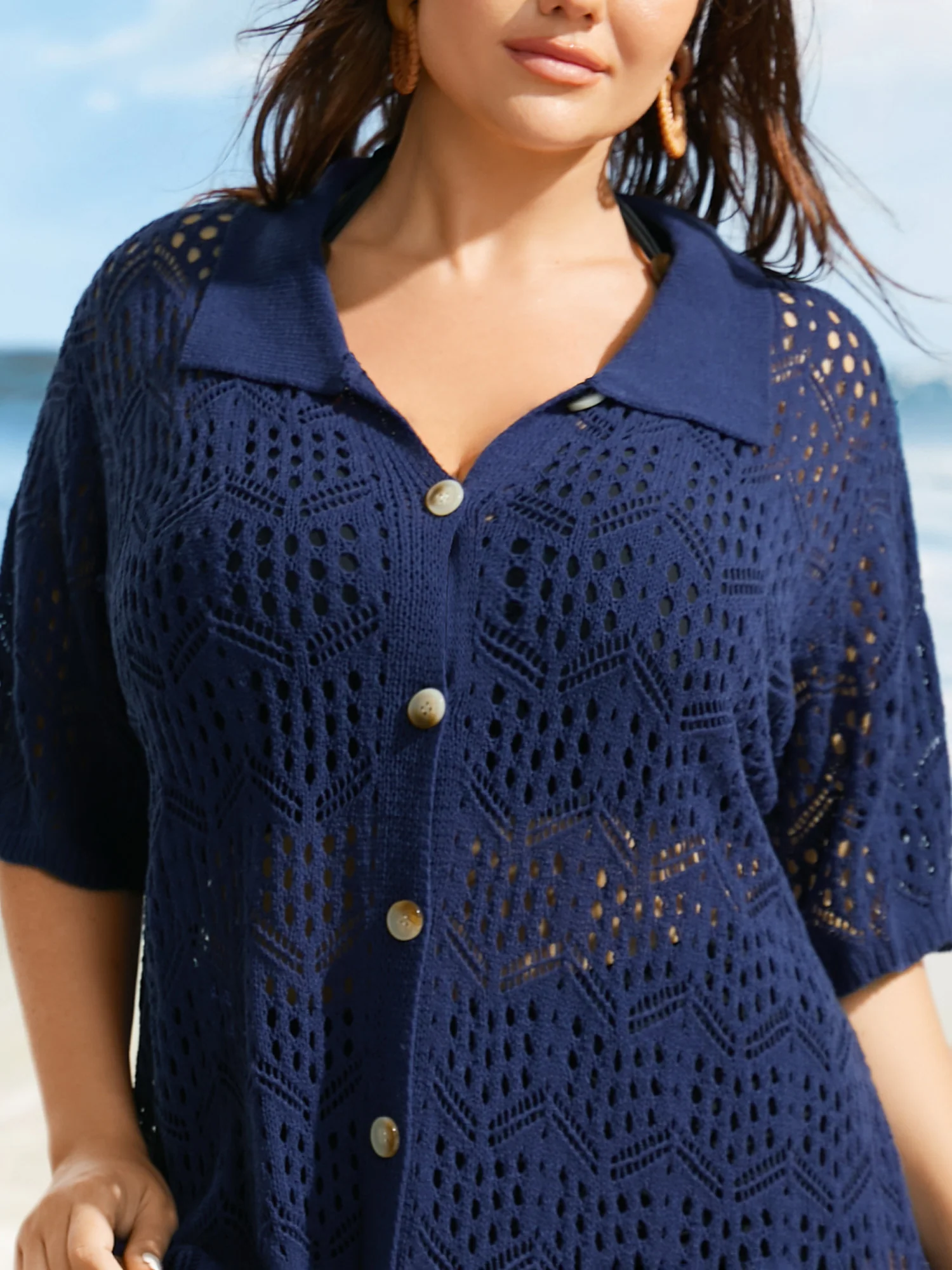 Polo Neck Geometric Cut Out Swim Cover Up - Image 4