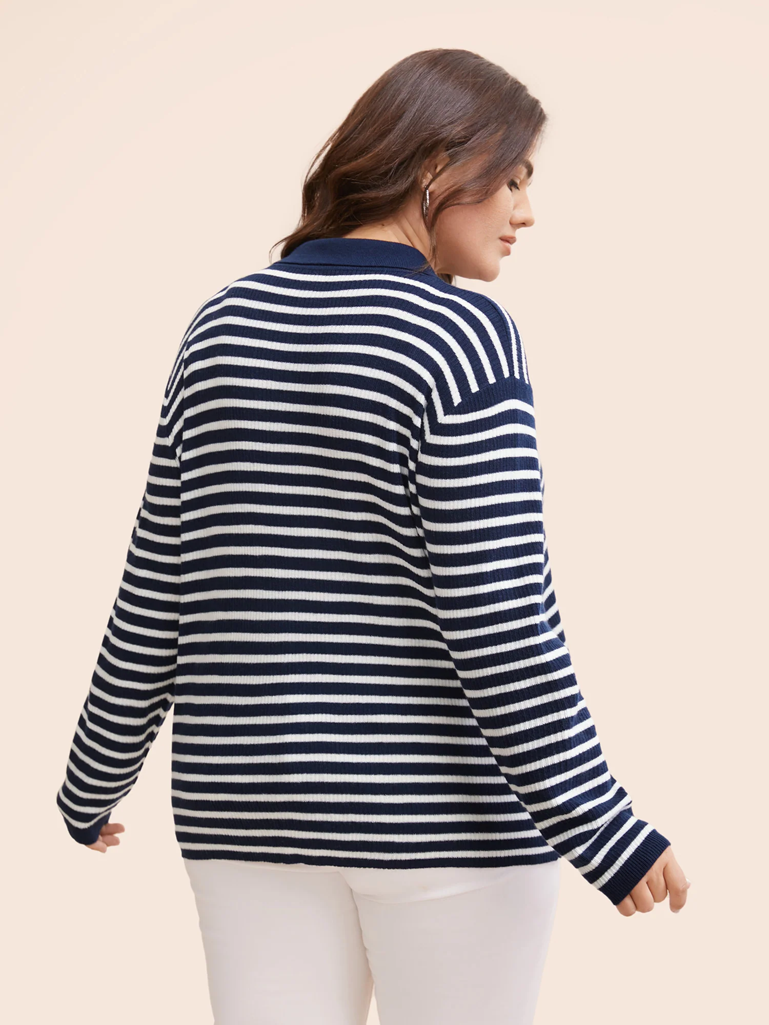 Polo Neck Striped Button Up Pullover - Image 2