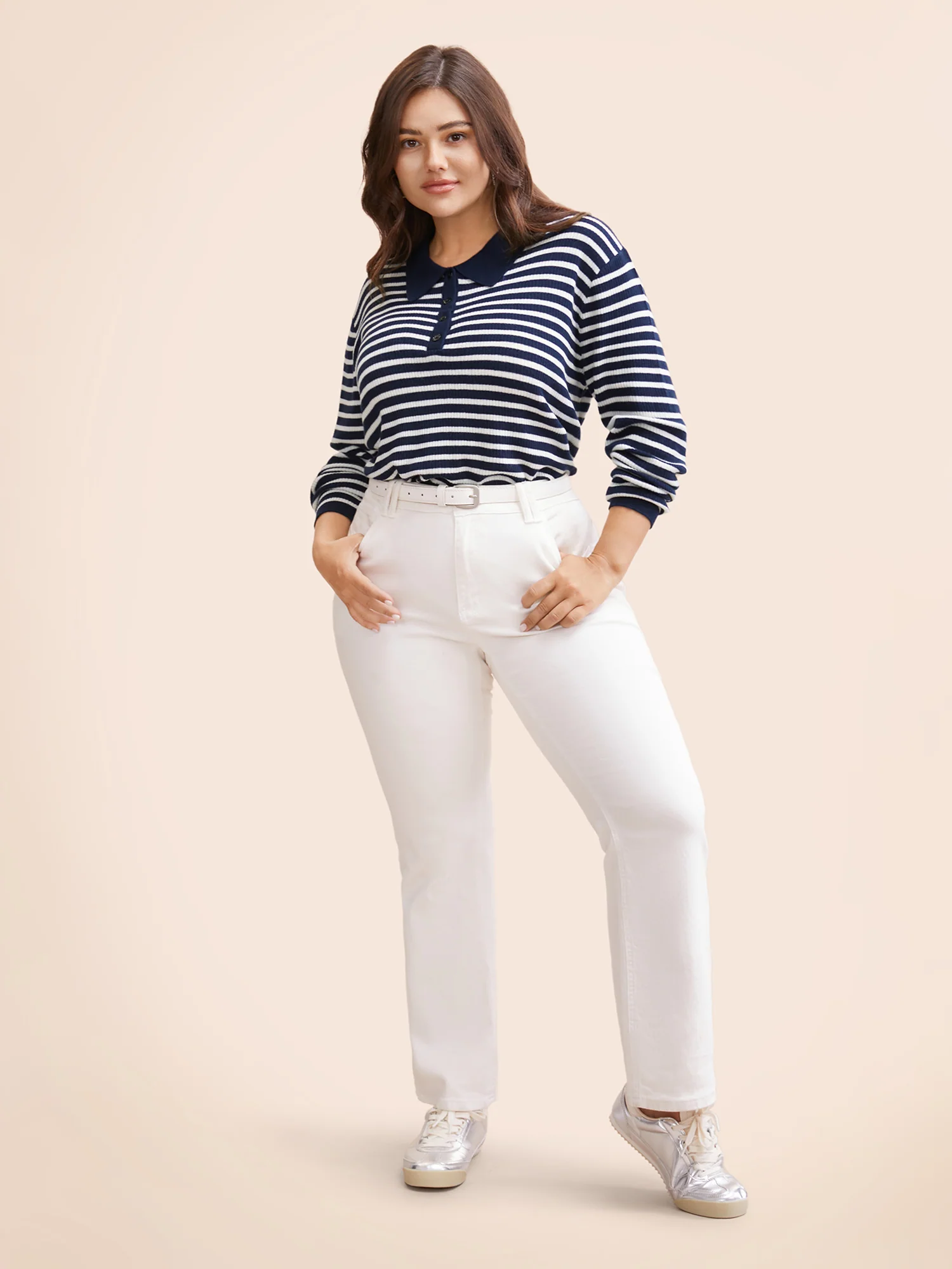 Polo Neck Striped Button Up Pullover - Image 3
