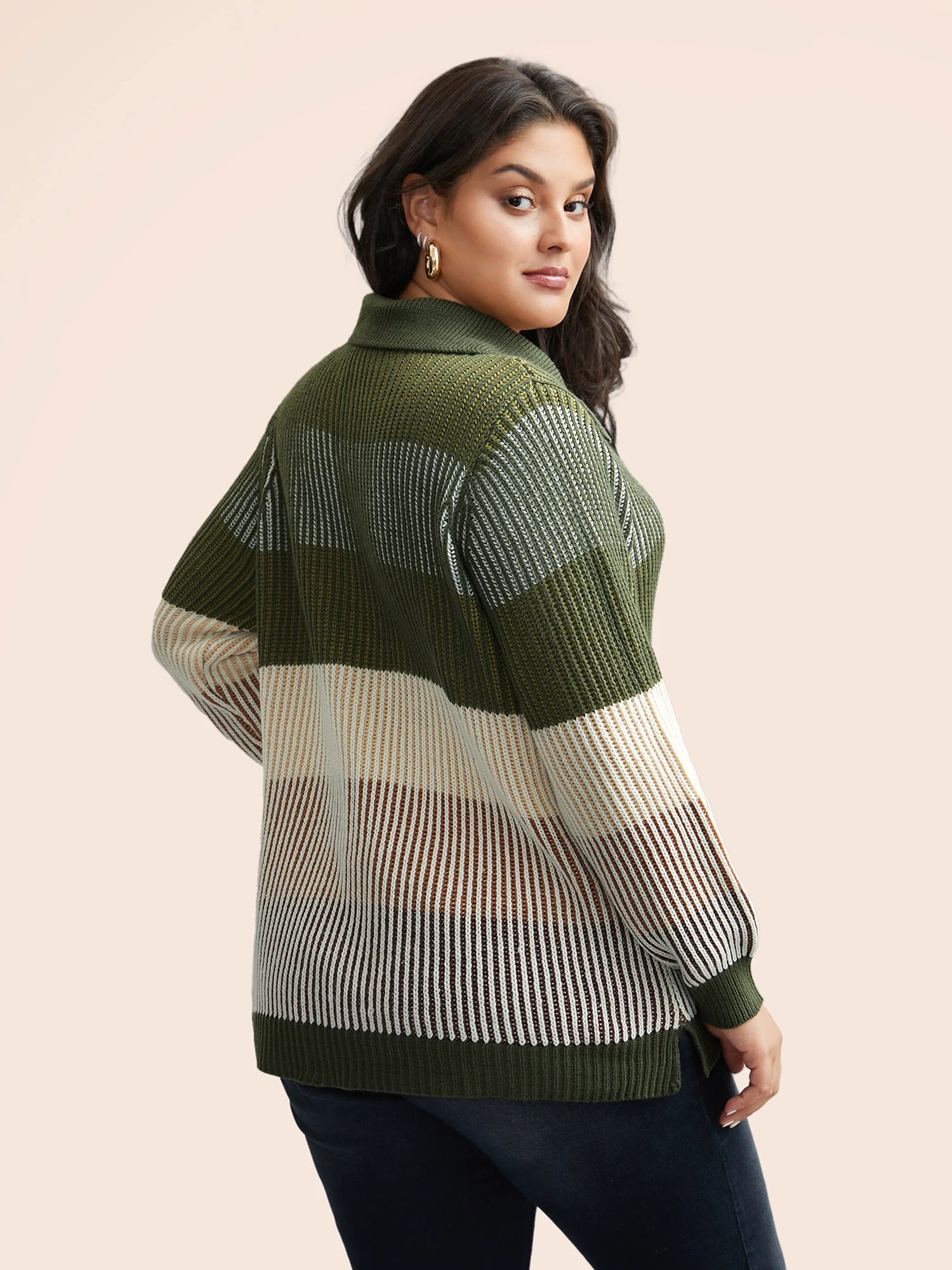 Polo Neck Texture Contrast Button Up Pullover - Image 2