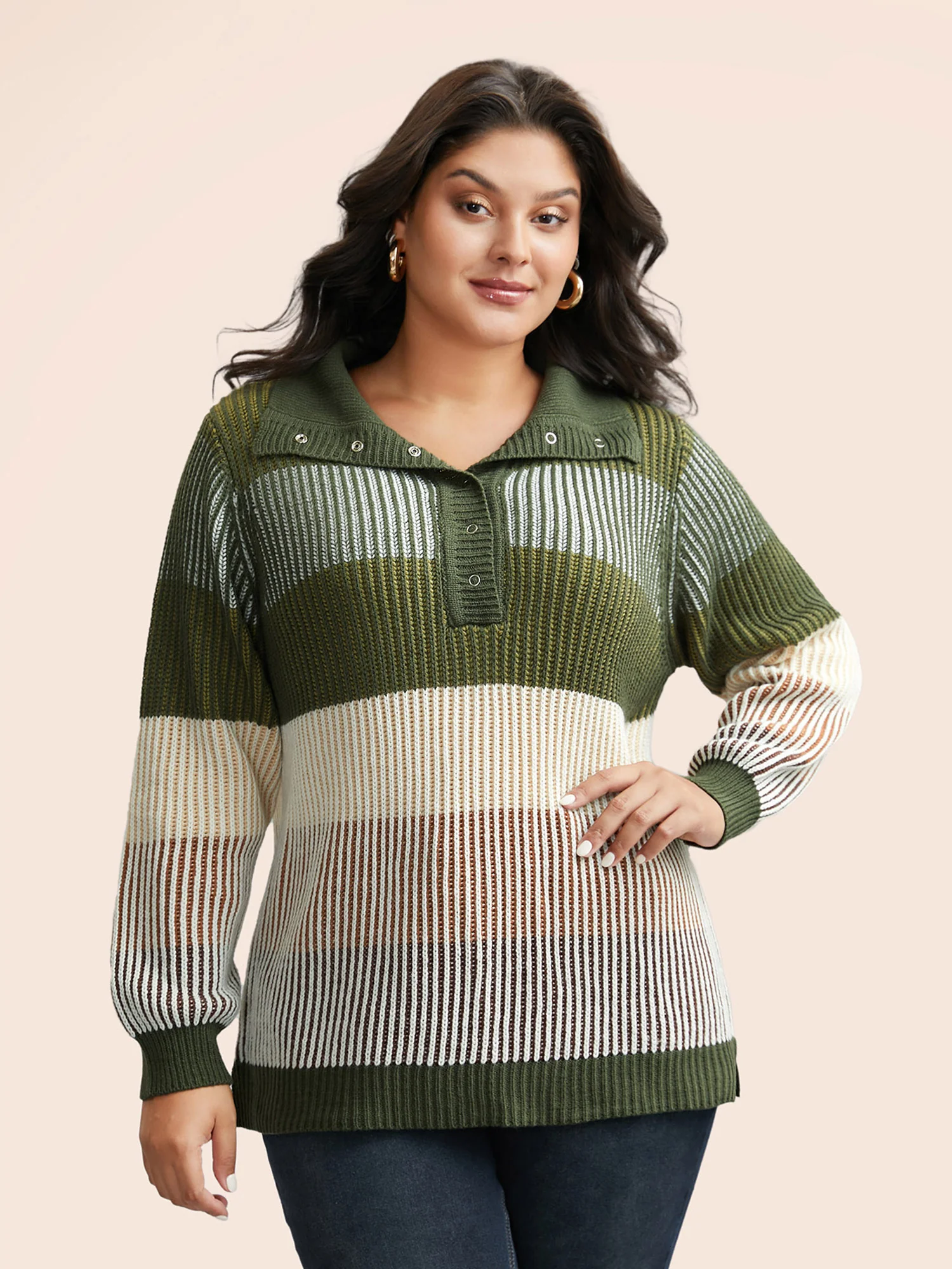 Polo Neck Texture Contrast Button Up Pullover - Image 3