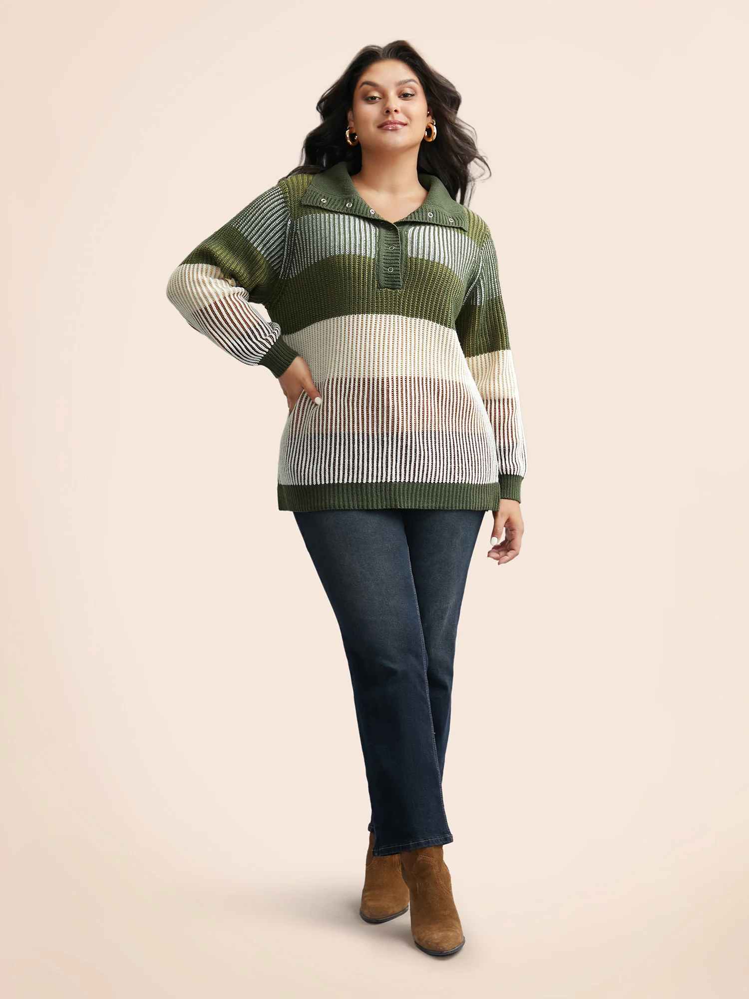 Polo Neck Texture Contrast Button Up Pullover - Image 4