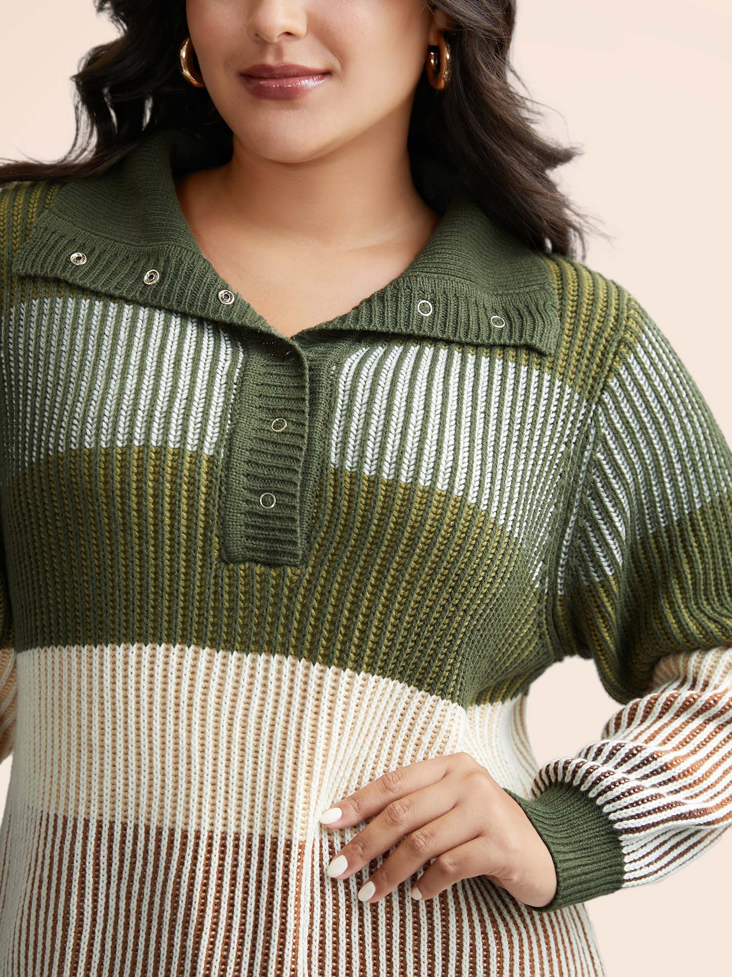 Polo Neck Texture Contrast Button Up Pullover - Image 5