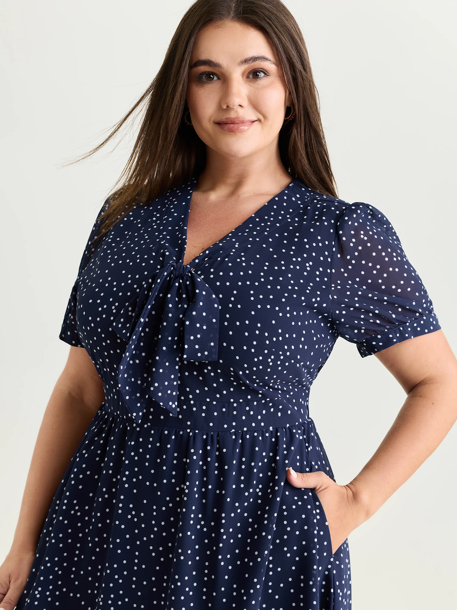 Pretty Polka Dots Ribbon Neckline Midi Dress - Image 2