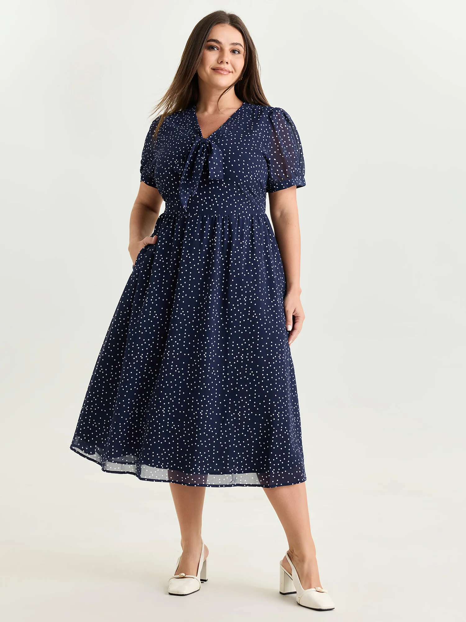 Pretty Polka Dots Ribbon Neckline Midi Dress - Image 3