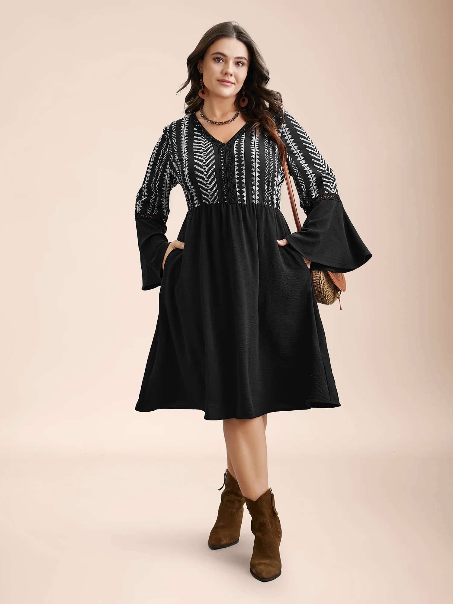 Printed Color-Block Bell Sleeve Midi Dress - Image 4