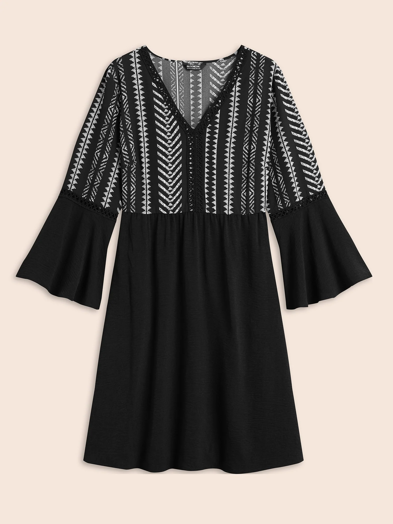 Printed Color-Block Bell Sleeve Midi Dress - Image 8