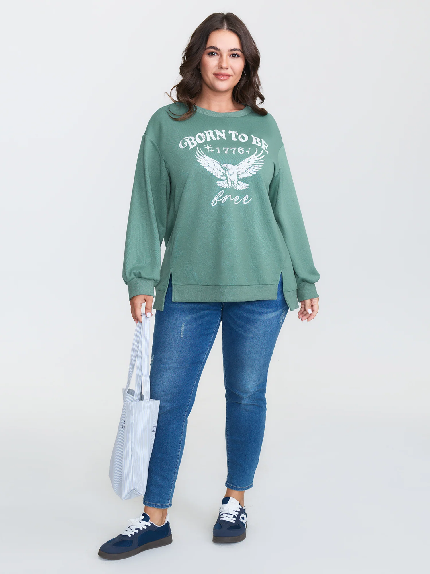 Printed Slogan Slit Sides Ribbed Sweatshirt - Image 3