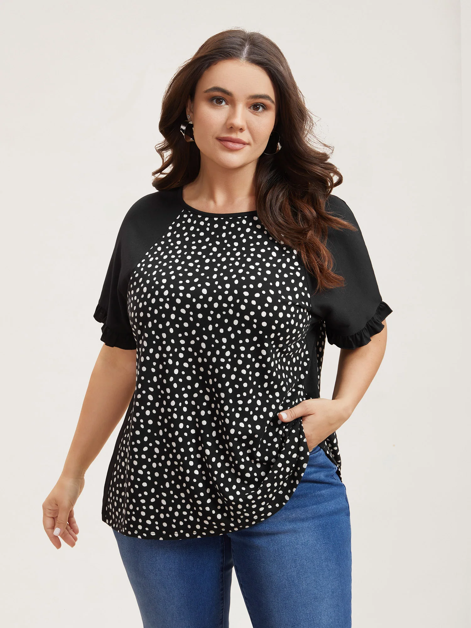 Printed Spliced Raglan Sleeve Ruffled T-Shirt - Image 2
