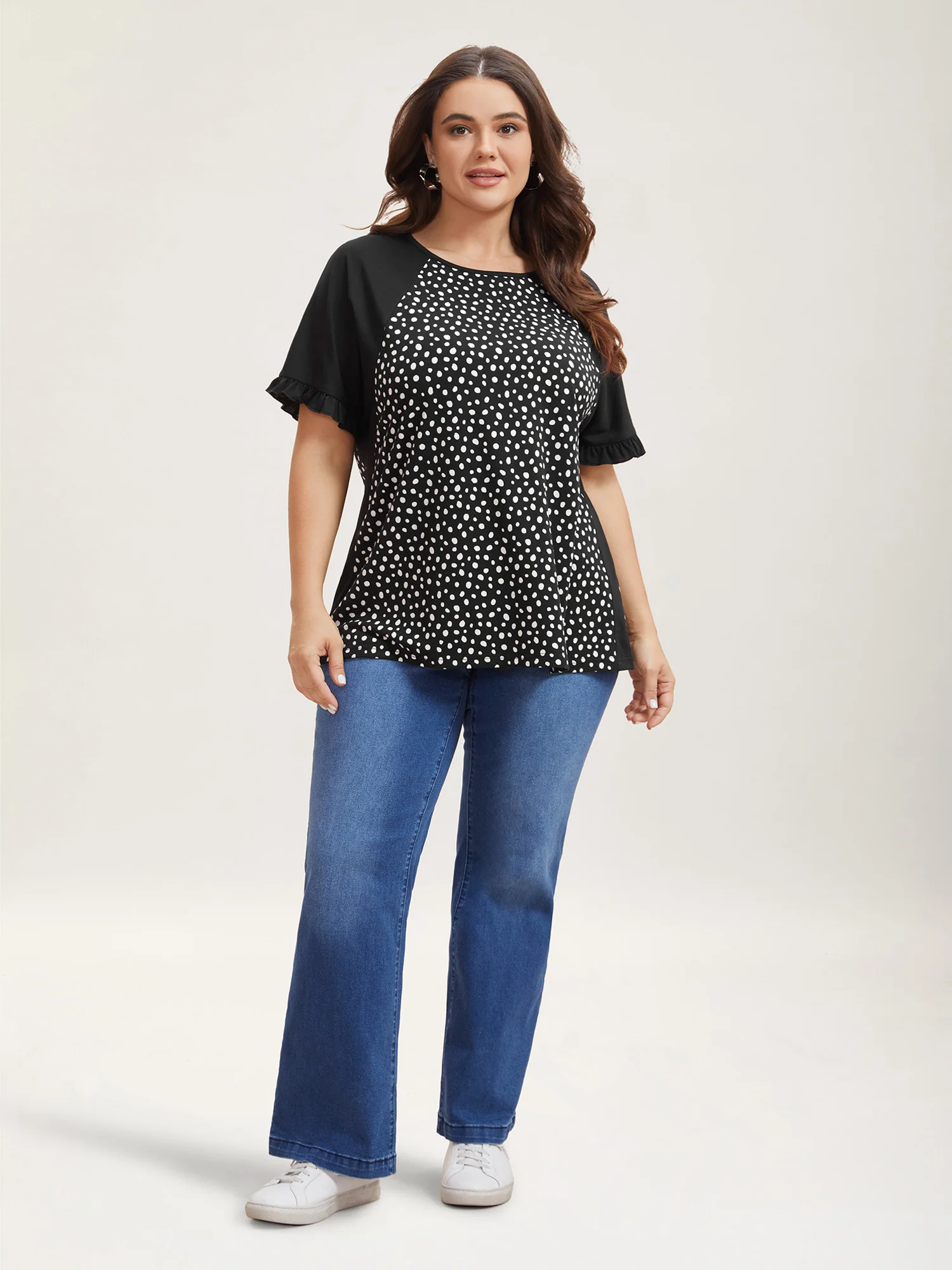 Printed Spliced Raglan Sleeve Ruffled T-Shirt - Image 3