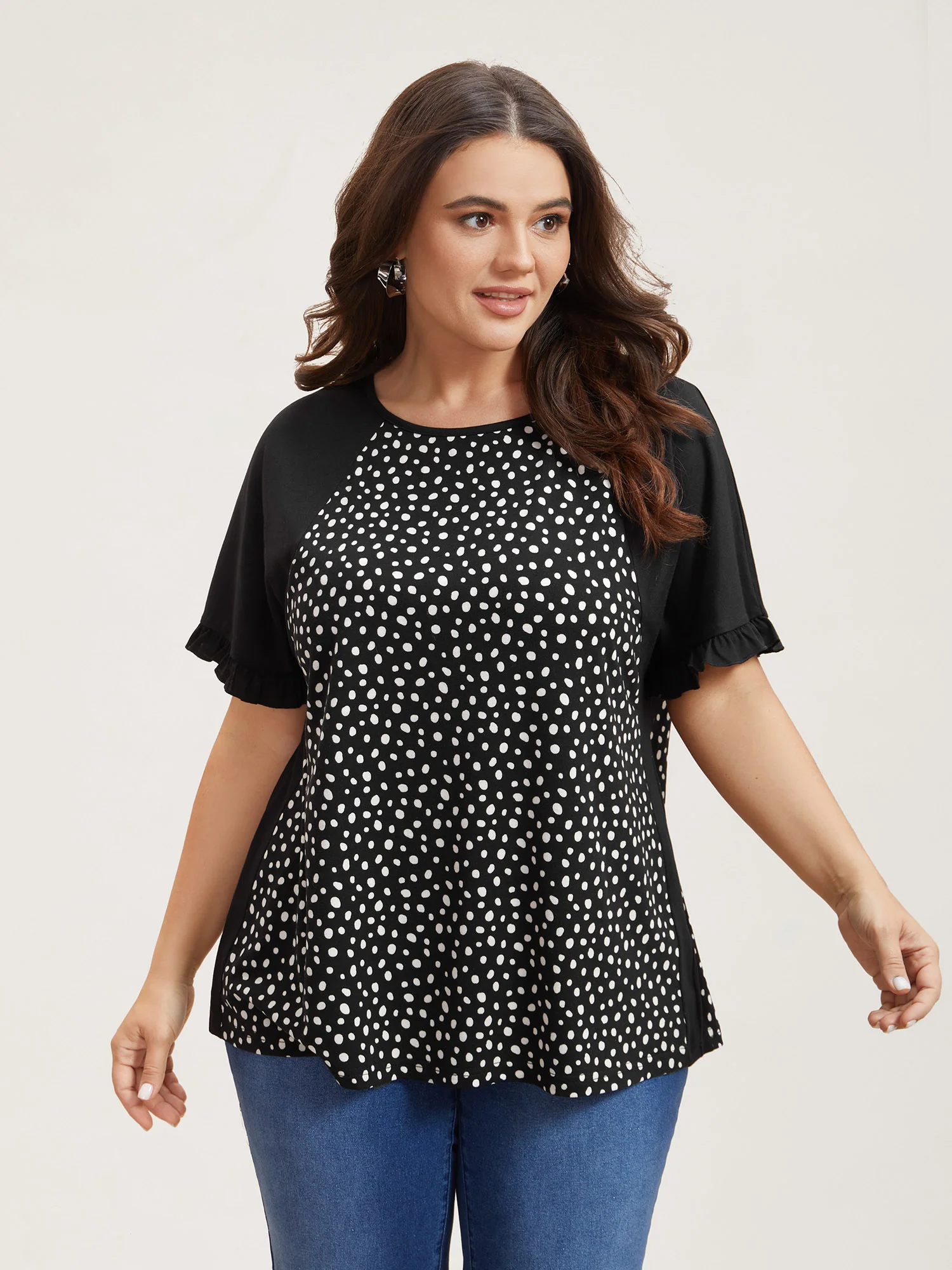 Printed Spliced Raglan Sleeve Ruffled T-Shirt - Image 4