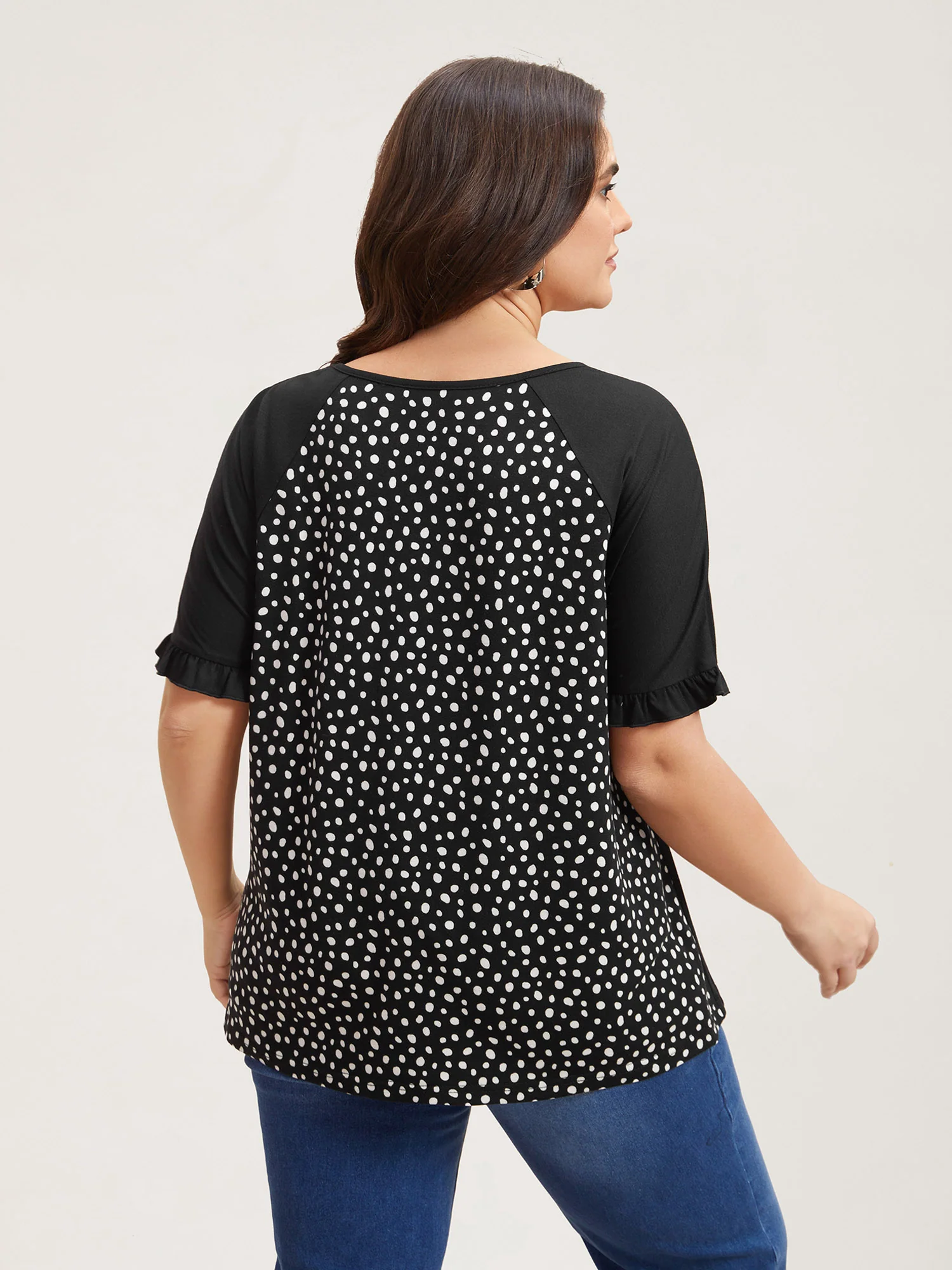 Printed Spliced Raglan Sleeve Ruffled T-Shirt - Image 5