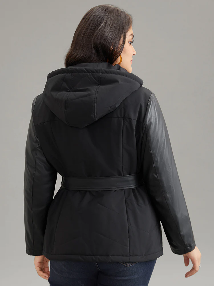 PU Leather Belted Zipper Patchwork Cotton Jacket - Image 2