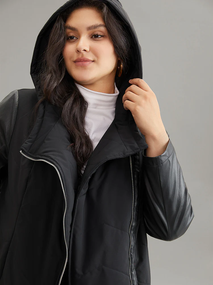 PU Leather Belted Zipper Patchwork Cotton Jacket - Image 3