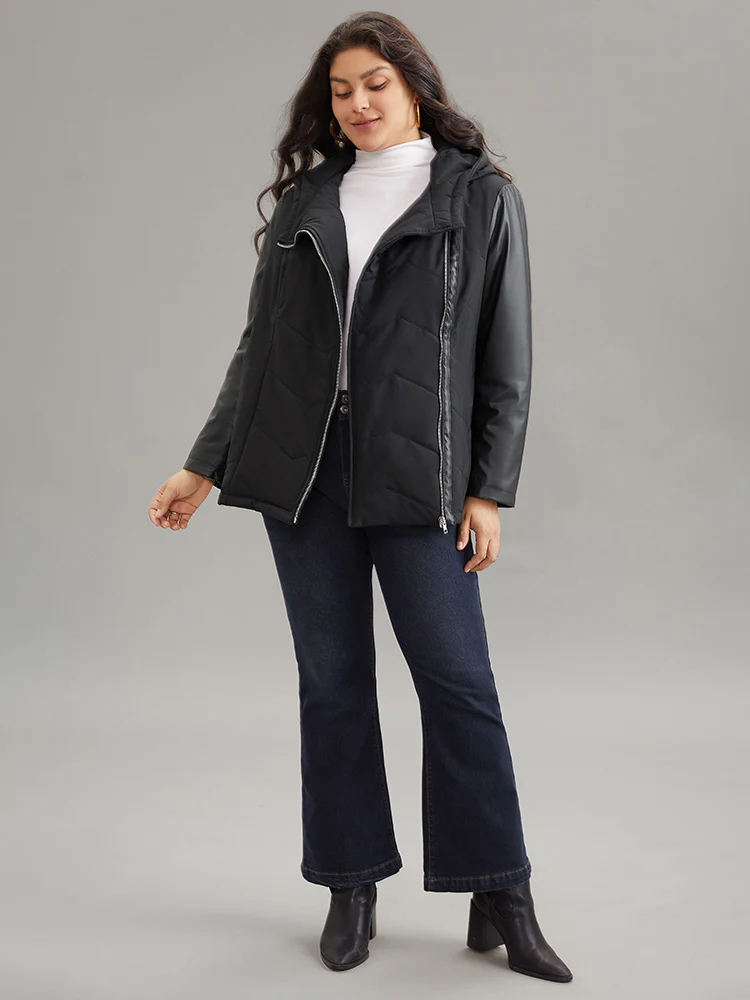 PU Leather Belted Zipper Patchwork Cotton Jacket - Image 4