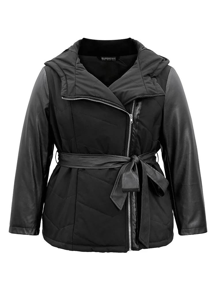 PU Leather Belted Zipper Patchwork Cotton Jacket - Image 5