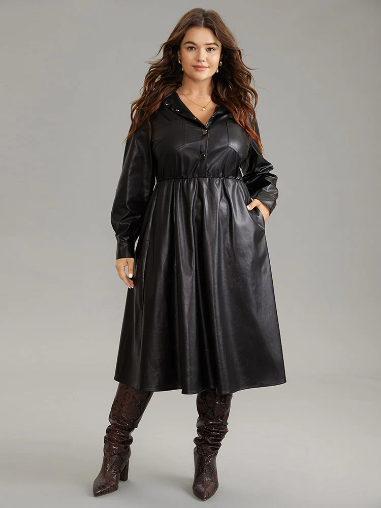 PU Leather Elastic Waist Button Up Dress - Image 2