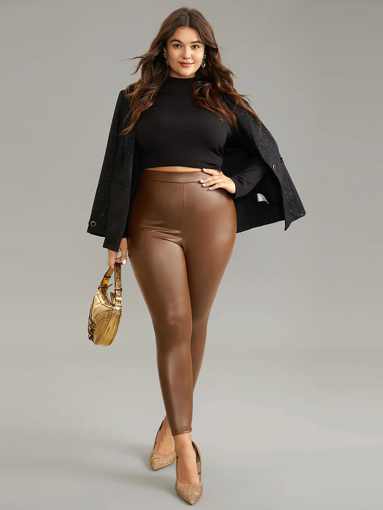 PU Leather Elastic Waist Leggings - Image 3