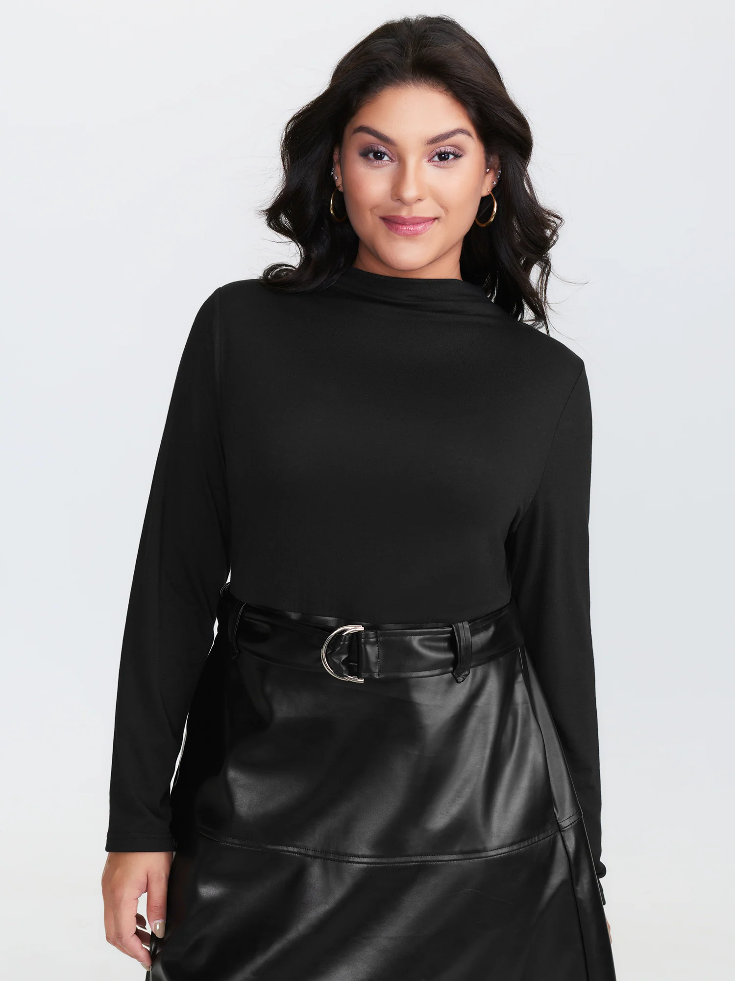 PU Leather Mock Neck Belted Midi Dress - Image 2