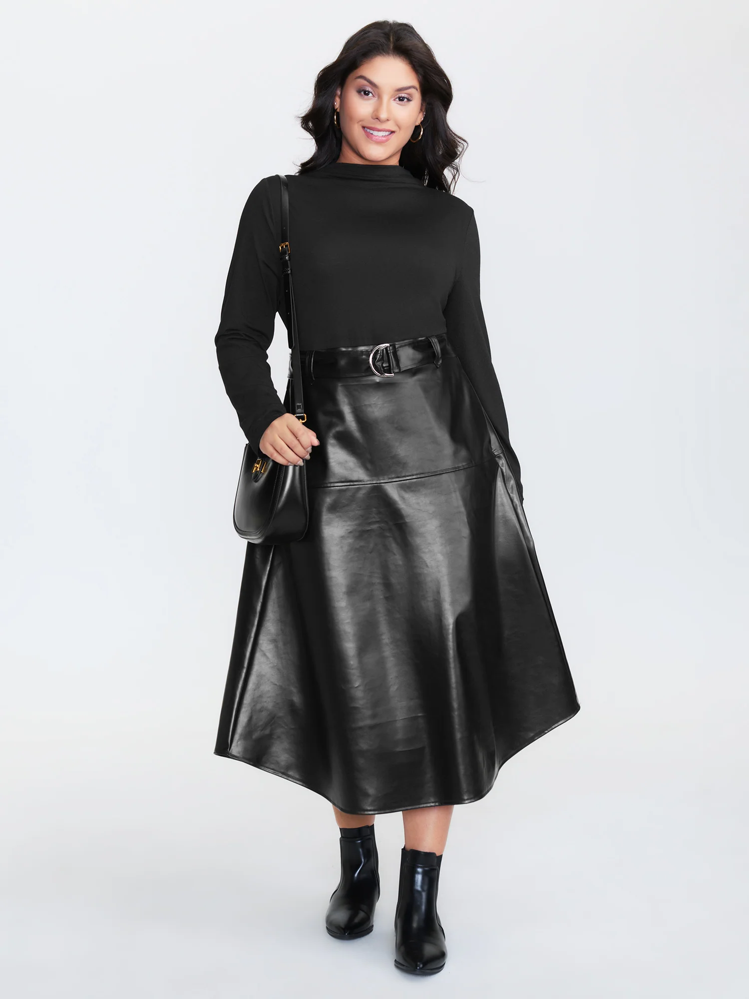 PU Leather Mock Neck Belted Midi Dress - Image 3