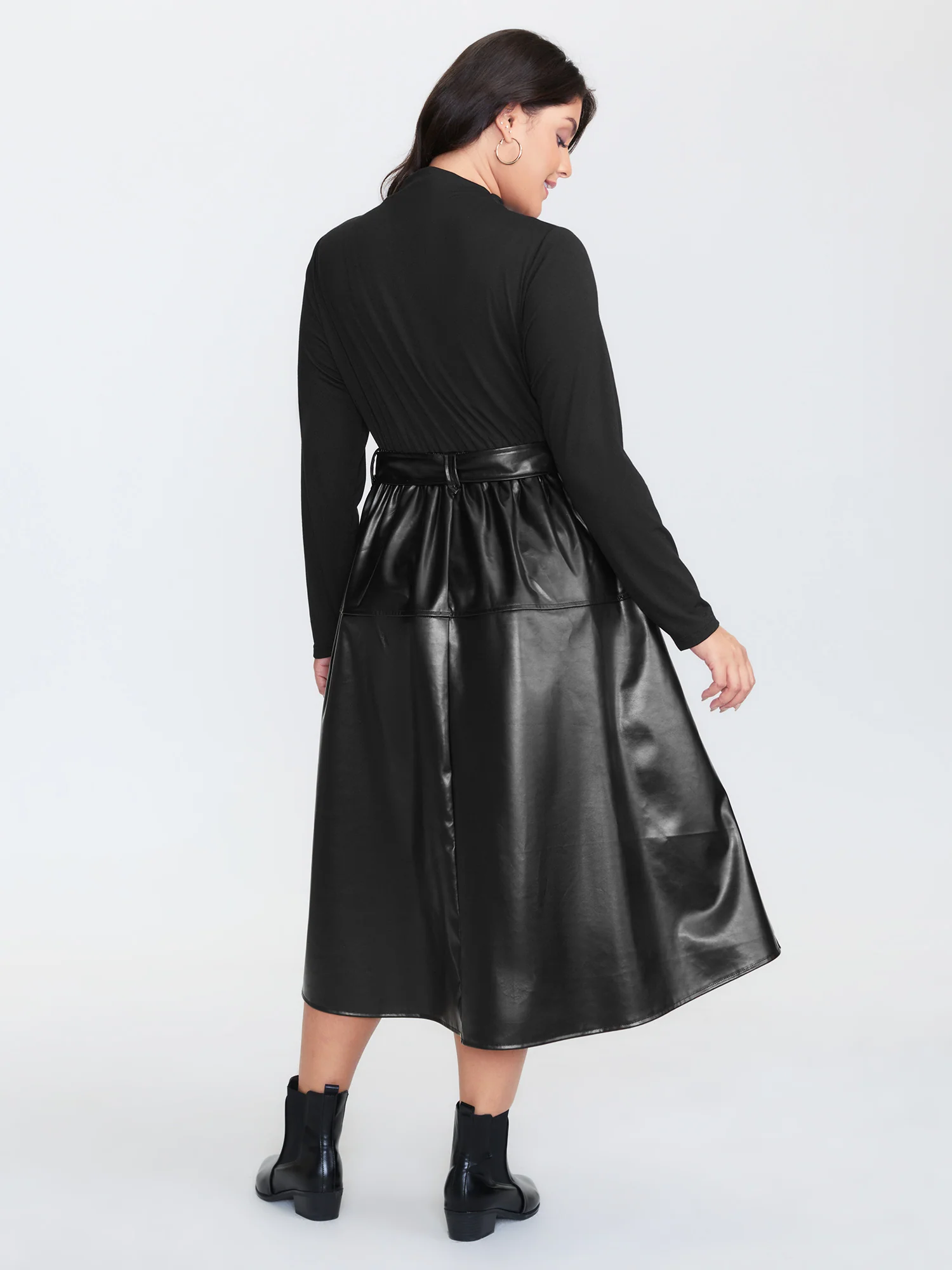 PU Leather Mock Neck Belted Midi Dress - Image 4