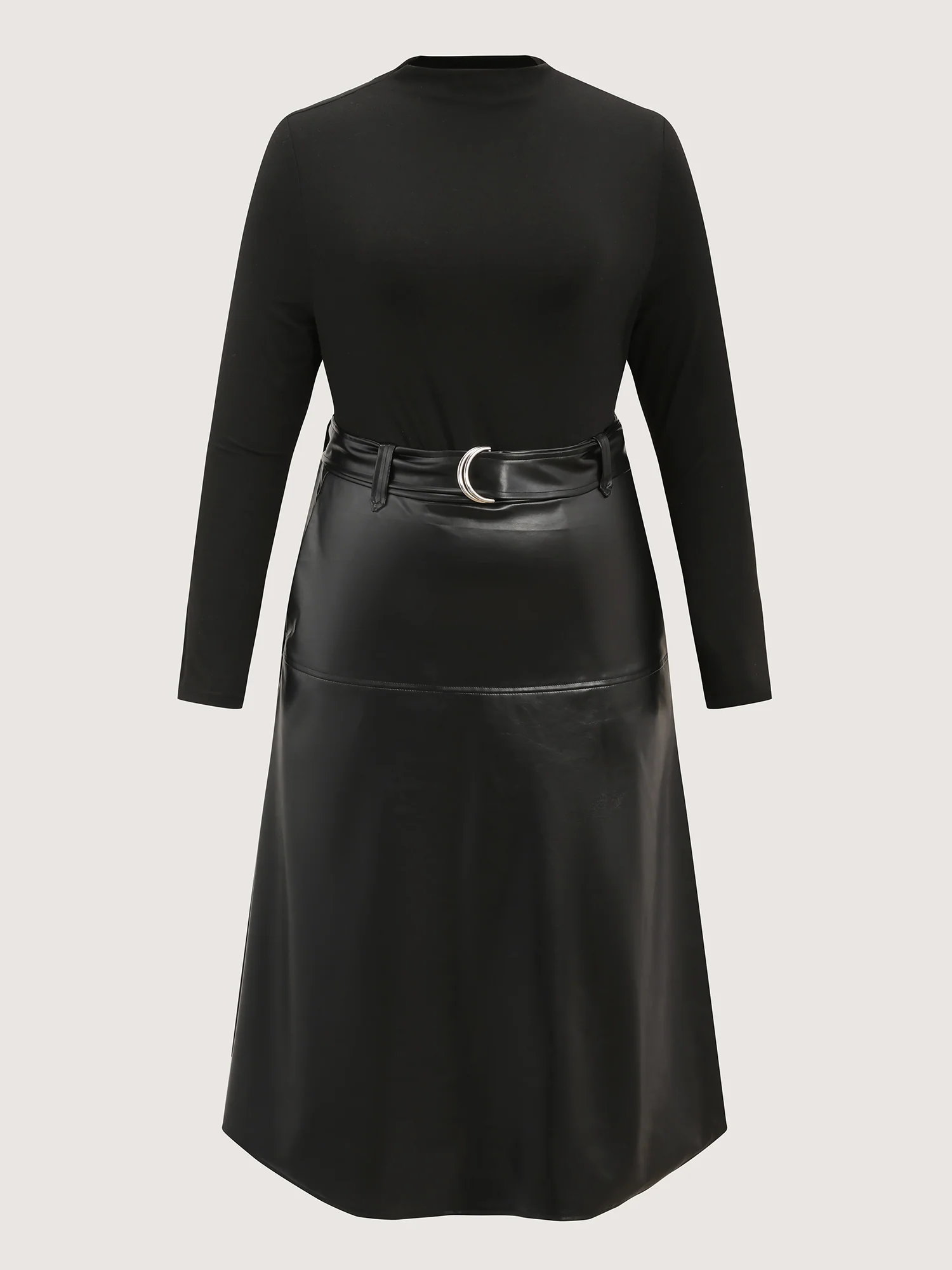 PU Leather Mock Neck Belted Midi Dress - Image 7