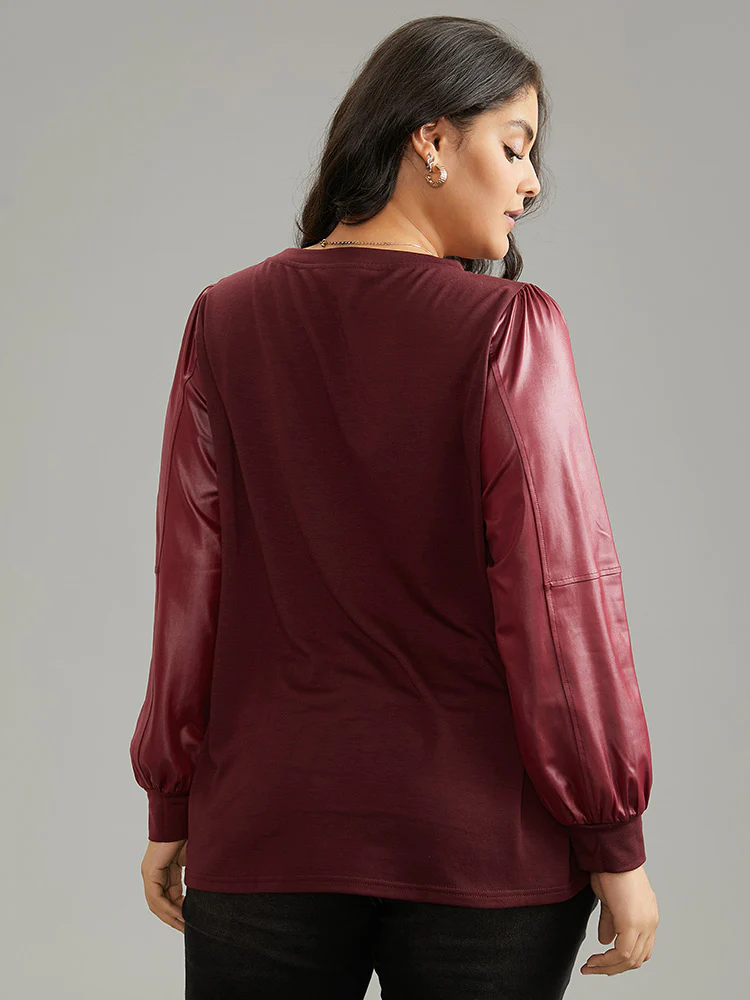 PU Leather Patchwork Crew Neck Sweatshirt - Image 2