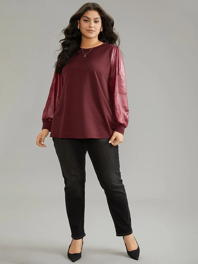 PU Leather Patchwork Crew Neck Sweatshirt - Image 3