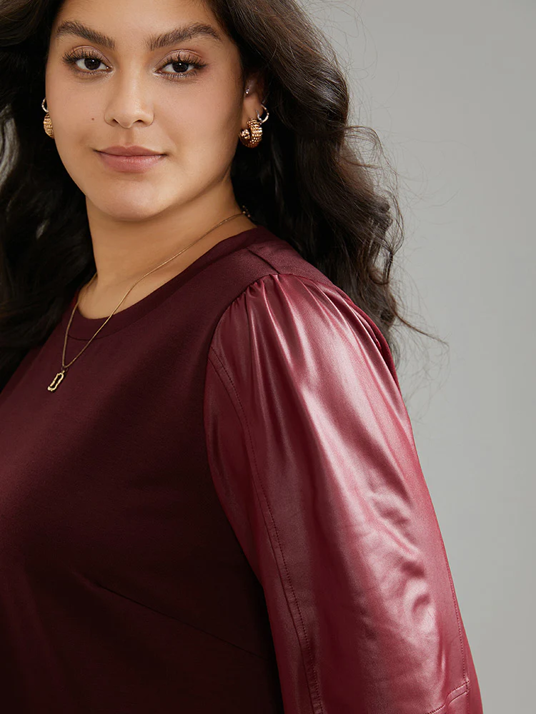 PU Leather Patchwork Crew Neck Sweatshirt - Image 4