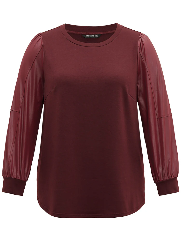 PU Leather Patchwork Crew Neck Sweatshirt - Image 5