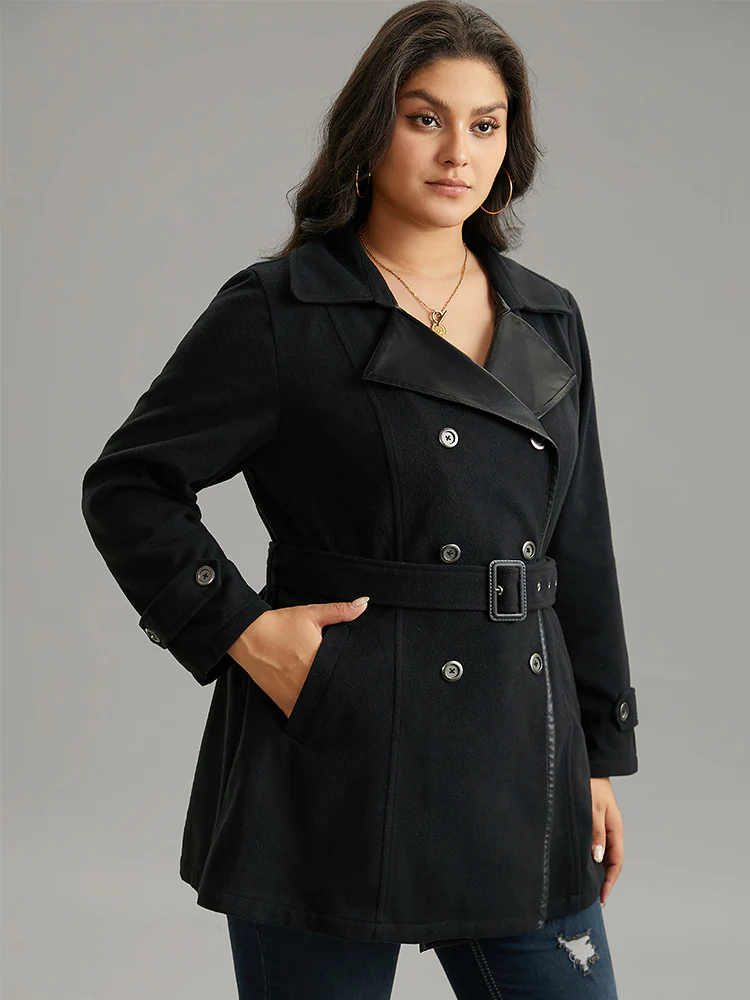 PU Leather Patchwork Lapel Collar Double Breasted Belted Coat