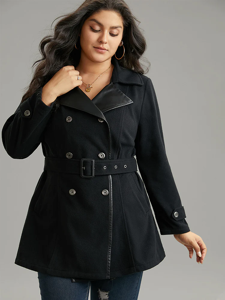 PU Leather Patchwork Lapel Collar Double Breasted Belted Coat - Image 2
