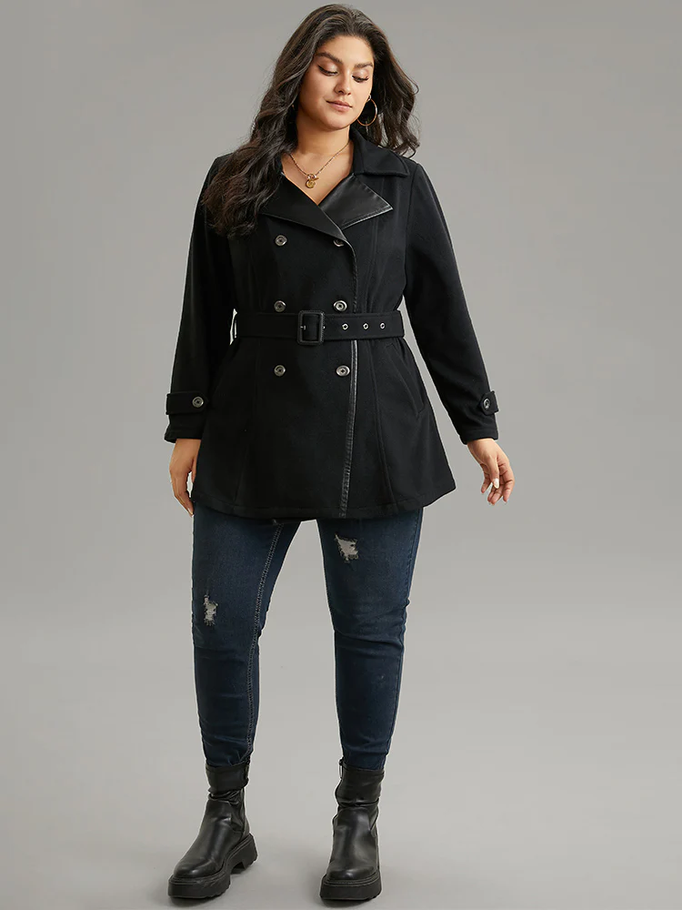 PU Leather Patchwork Lapel Collar Double Breasted Belted Coat - Image 3