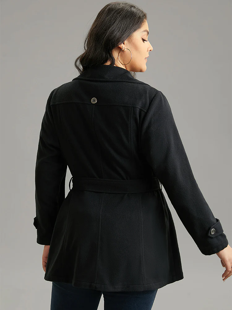 PU Leather Patchwork Lapel Collar Double Breasted Belted Coat - Image 4