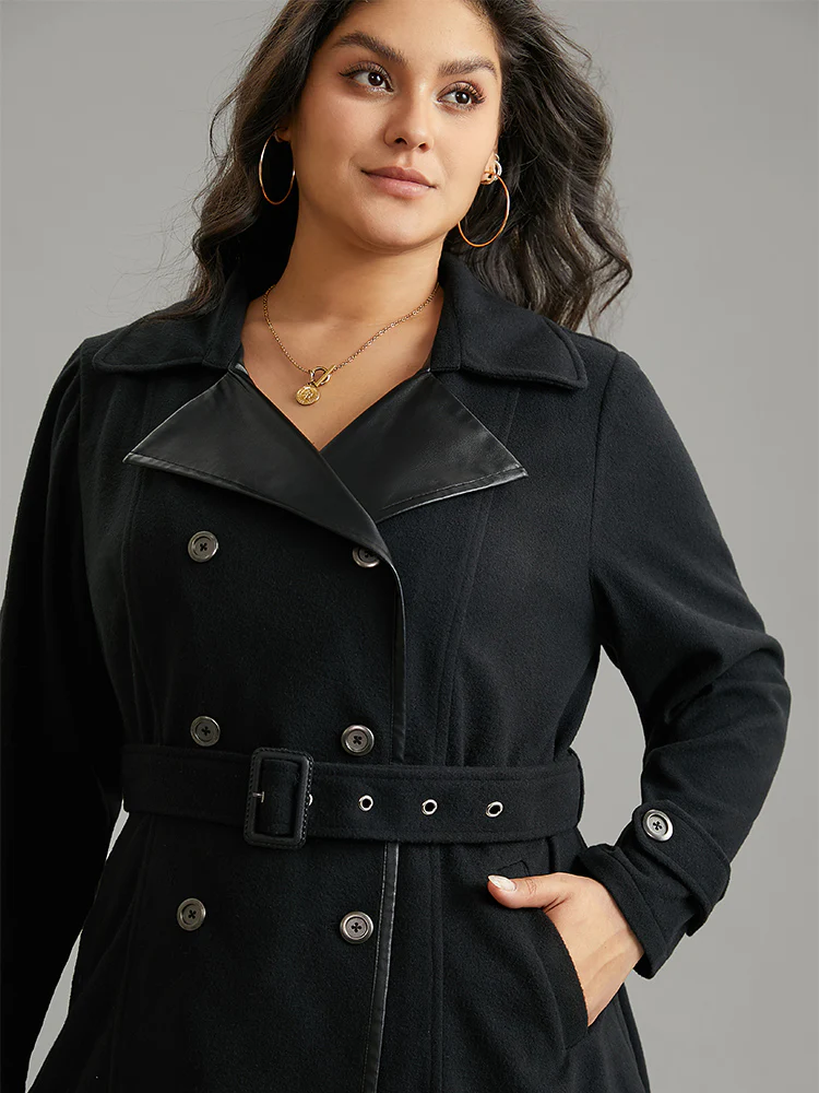 PU Leather Patchwork Lapel Collar Double Breasted Belted Coat - Image 5