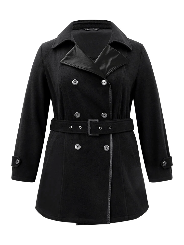 PU Leather Patchwork Lapel Collar Double Breasted Belted Coat - Image 6