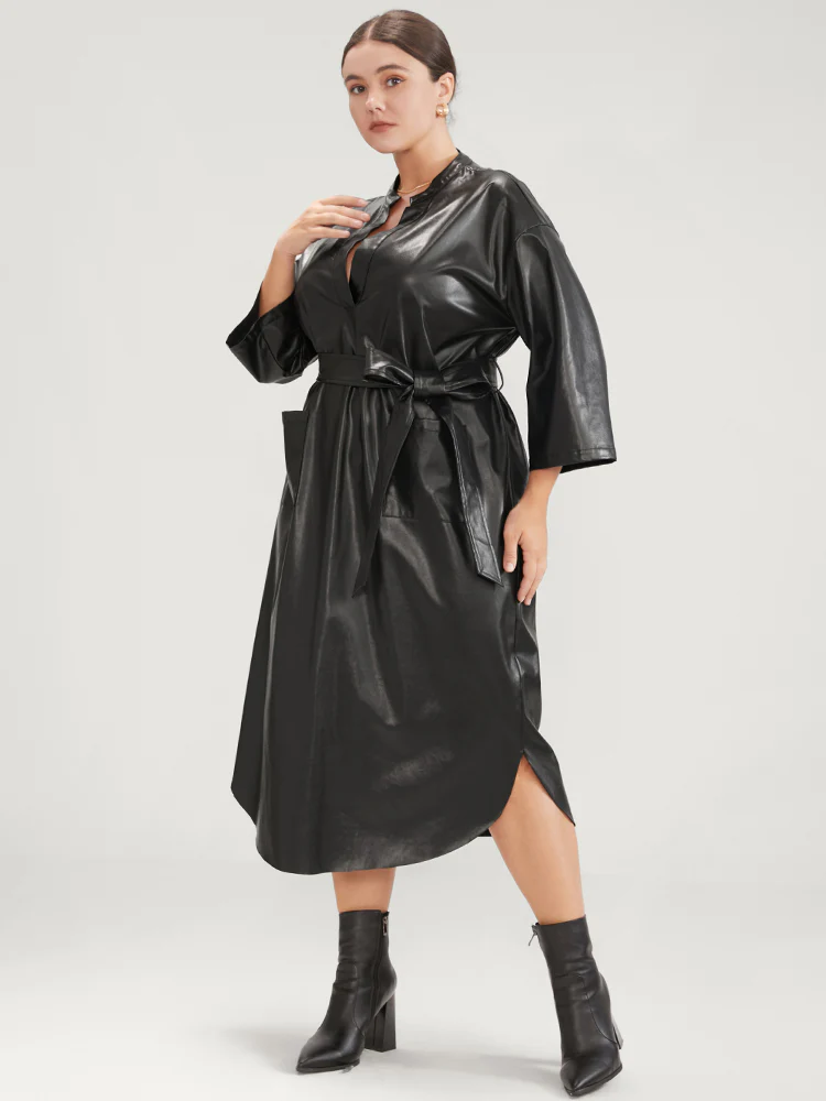PU Leather Pocket Belted Arc Hem Dress - Image 3
