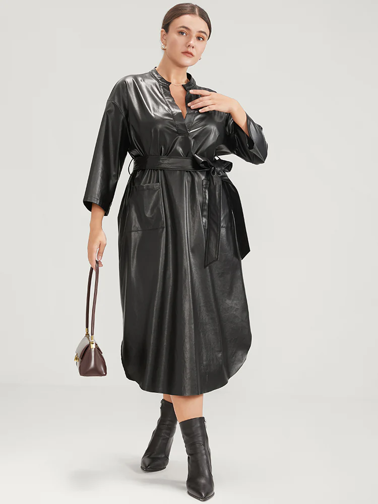 PU Leather Pocket Belted Arc Hem Dress - Image 4