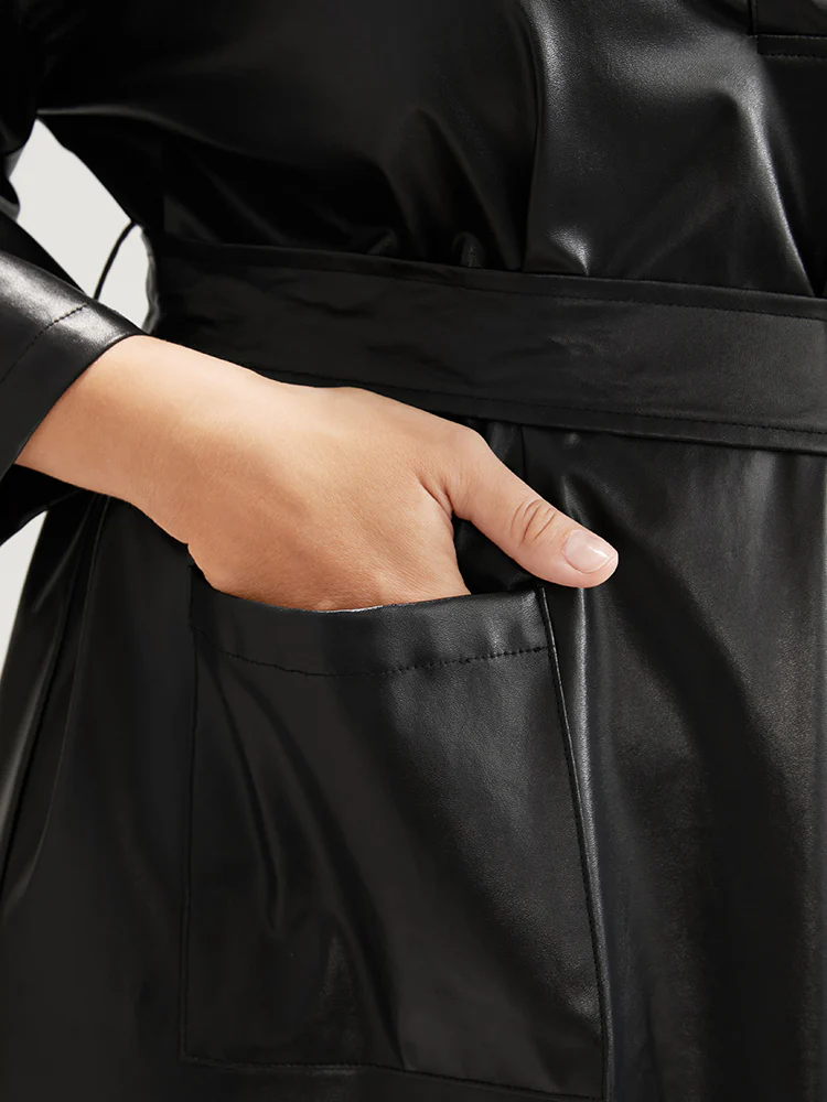 PU Leather Pocket Belted Arc Hem Dress - Image 6