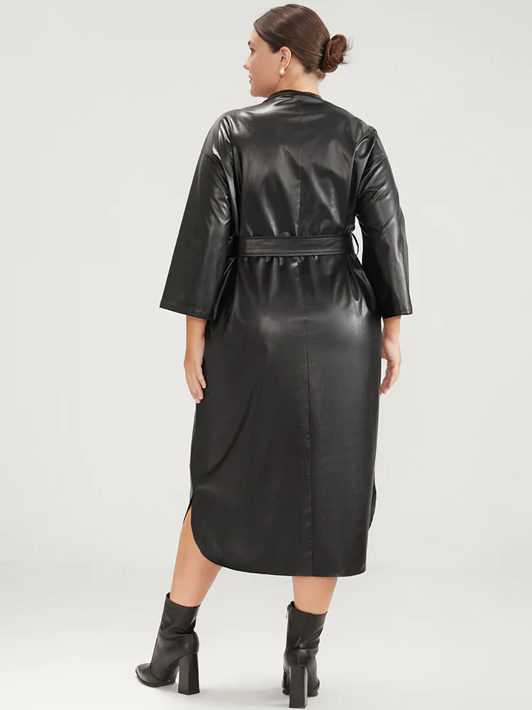 PU Leather Pocket Belted Arc Hem Dress - Image 7