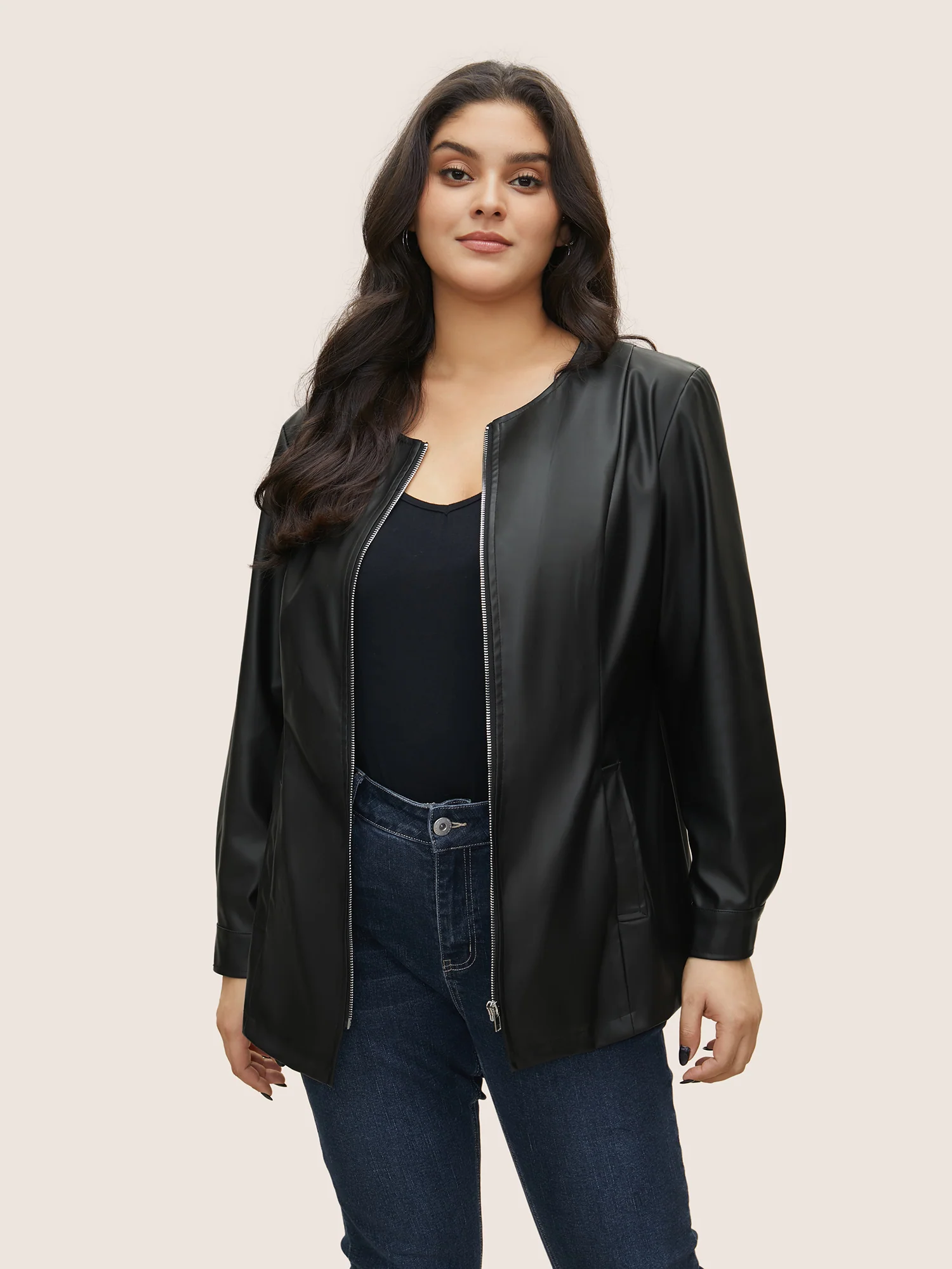 PU Leather Pocket Zipper Jacket