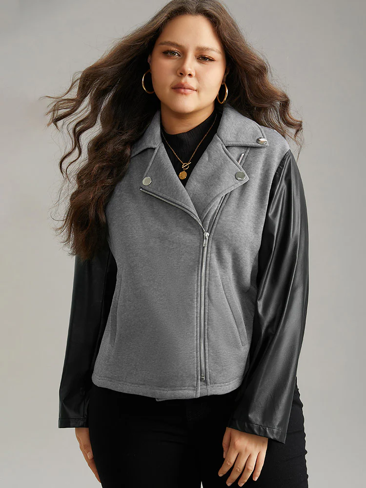 PU Leather Zipper Contrast Button Detail Jacket - Image 2
